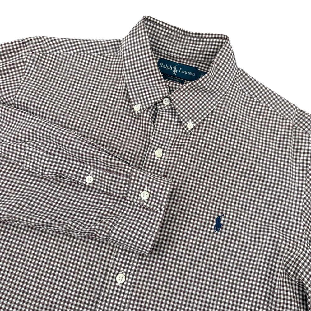 Ralph Lauren Mens Gingham Check Shirt Brown White 120s 2-Ply Cotton Large L
